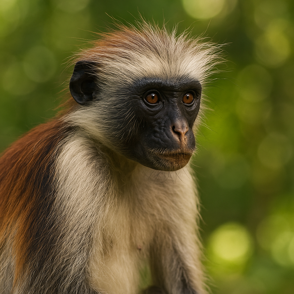 kirk's red colobus (piliocolobus kirkii) in Tropical forests of Zanzibar, primarily in high-density tree areas.