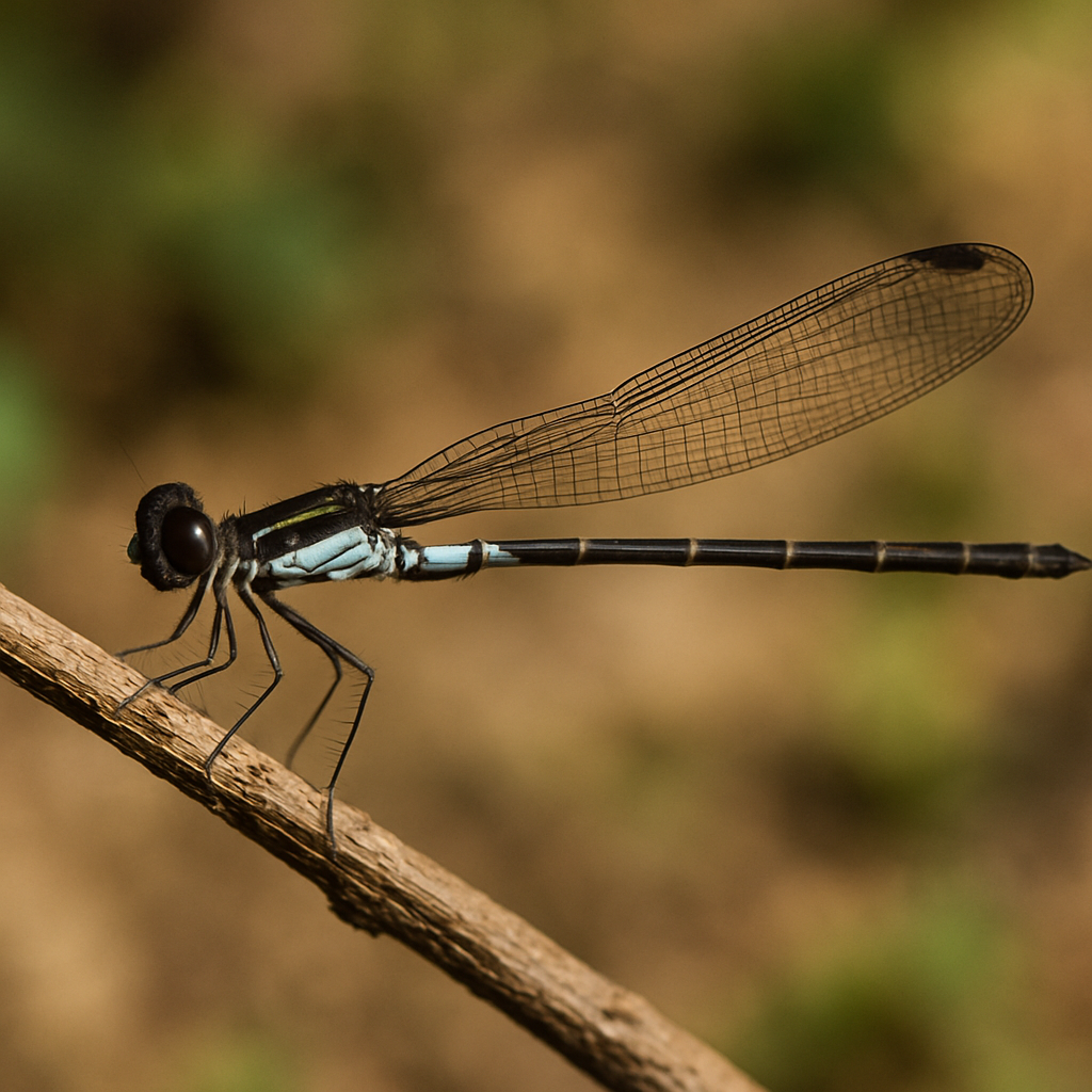 adam’s shadowdamsel (ceylonosticta adami) in Prefers freshwater habitats like ponds and slow-moving streams.