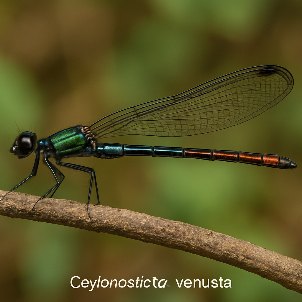 ceylonosticta venusta (ceylonosticta venusta) in Ceylonosticta venusta inhabits freshwater ecosystems such as ponds, lakes, and slow-moving streams with abundant vegetation.